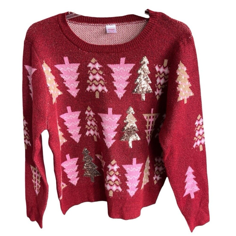 Holiday Time Womens Sweater Red Gold Sequin Pink Christmas Trees Size Large